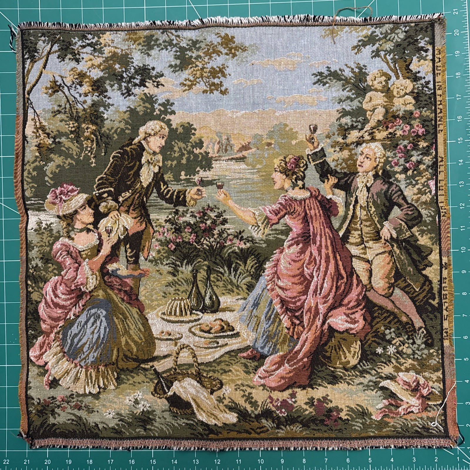 Woven French Pastoral Style Tapestry Picnic Lake  Wine Verdure Aubusson Vtg 20in