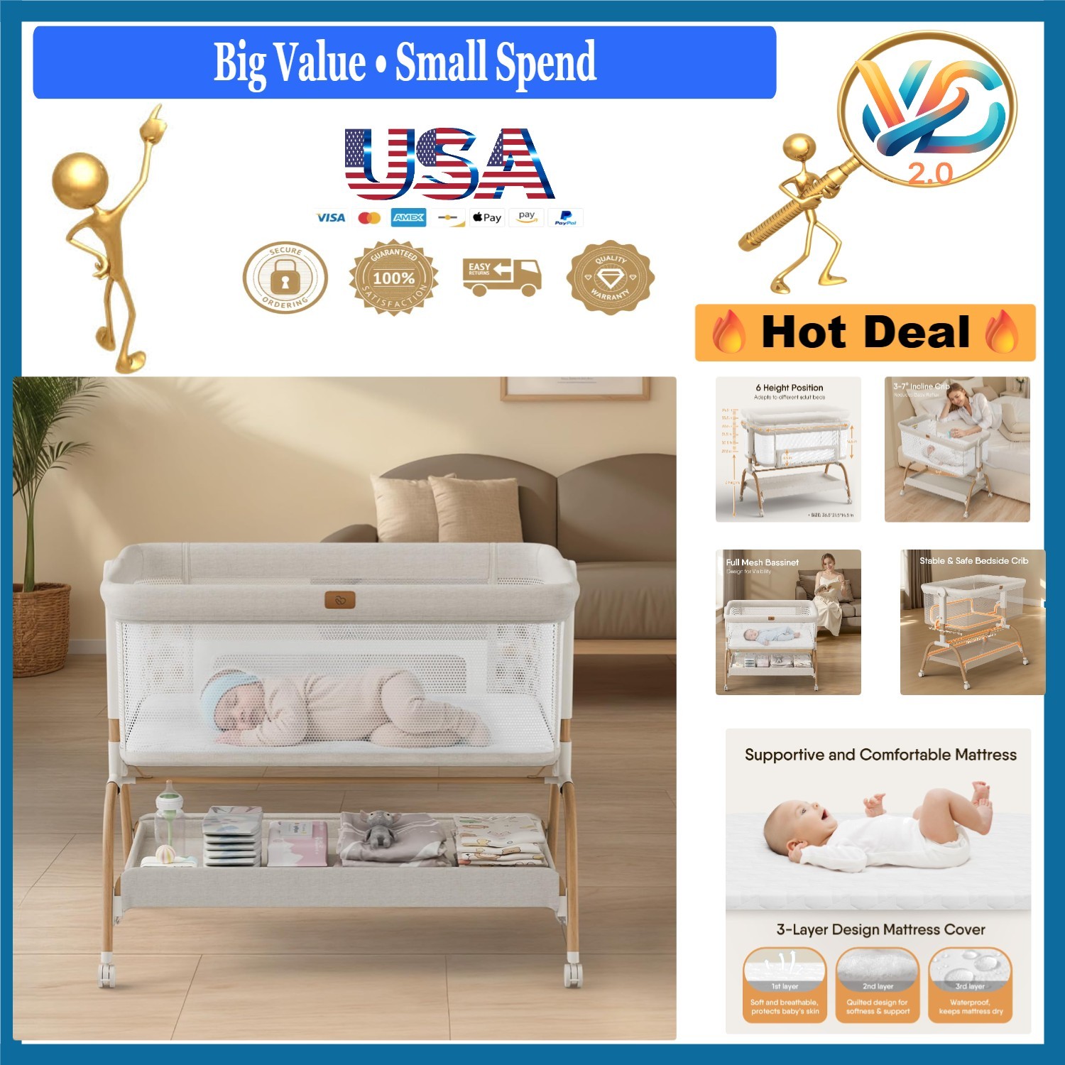 Adjustable Baby Bassinet Bedside Crib with Mattress & Mesh Sides, 3-in-1