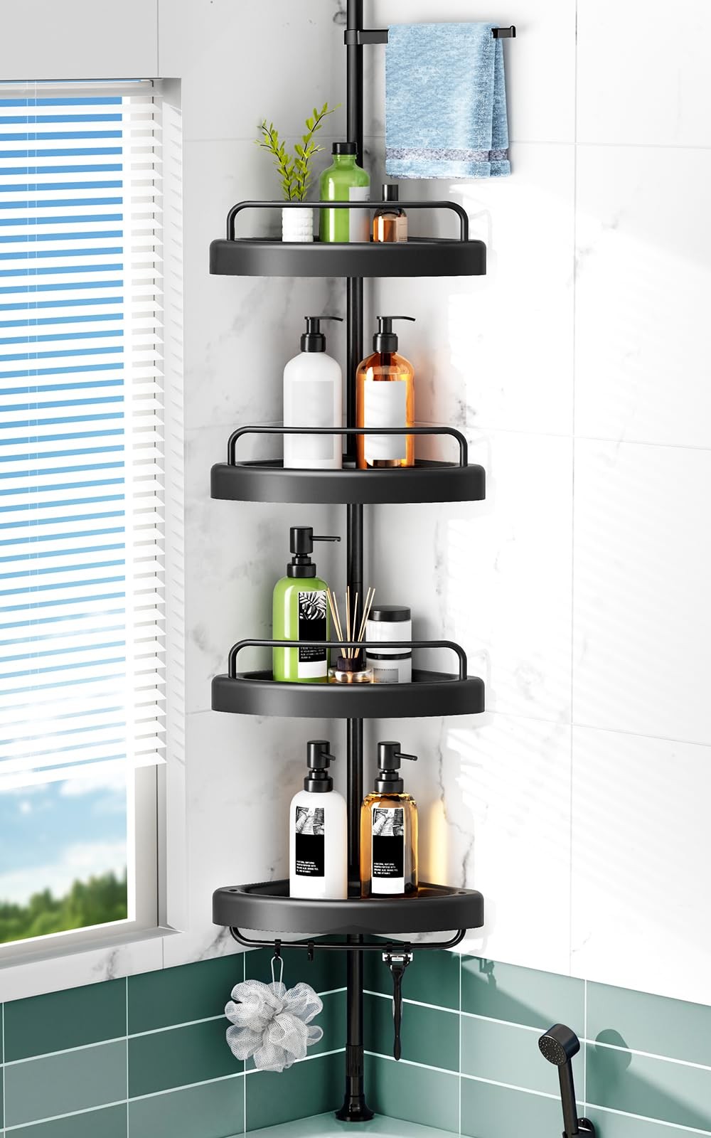 HAMITOR Corner Shower Caddy Tension Pole: 4 Tier 9 x 9 x 122 inches, Black 