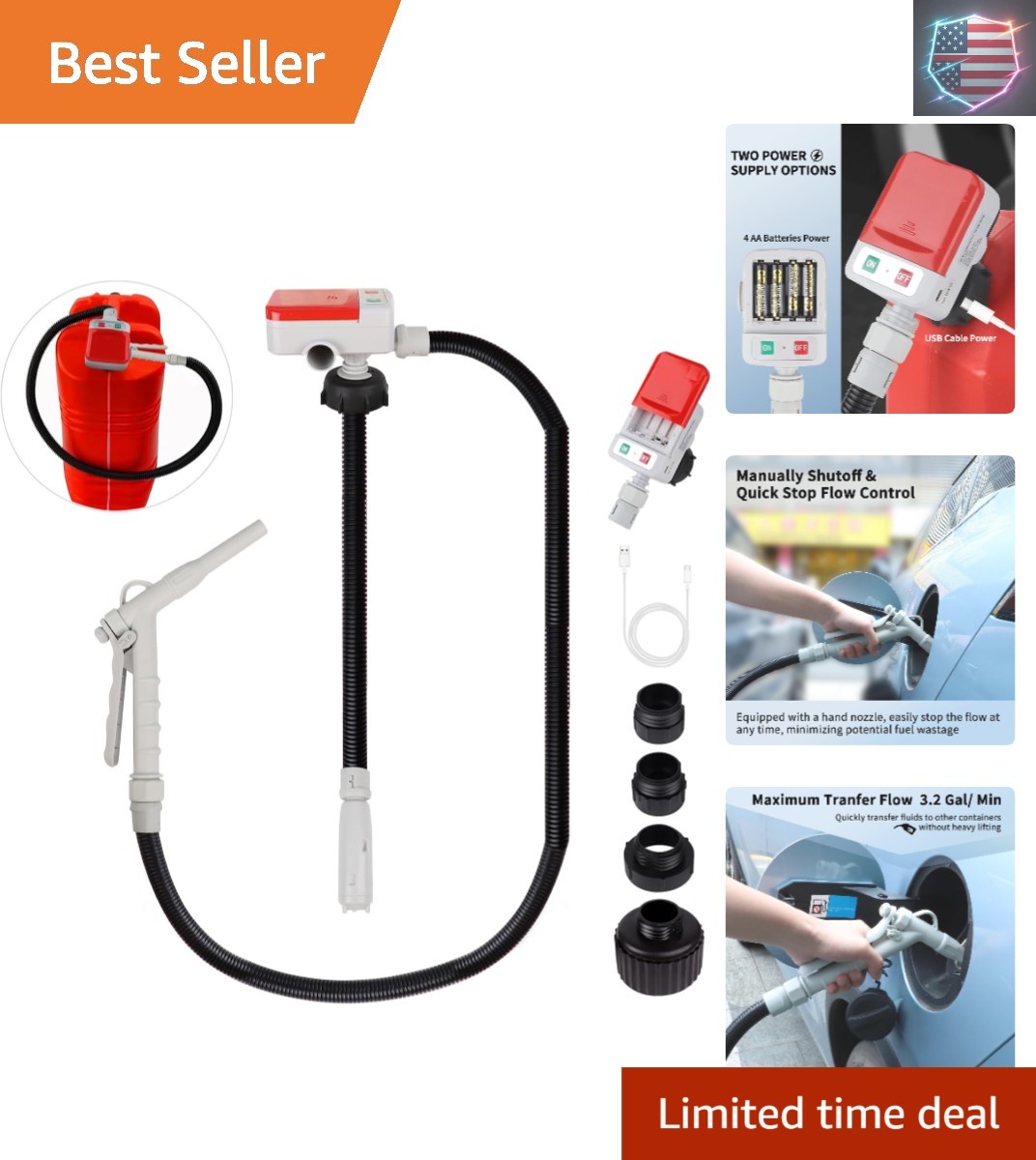 Fuel Transfer Pump 3.2GPM with Hand Nozzle for Quick Stop Flow Control, 51" H...