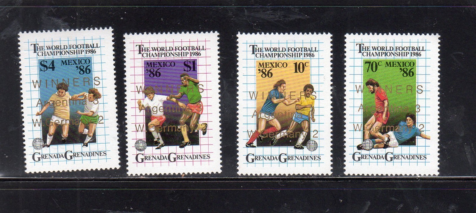 GRENADA GRENADINES #772-775 1986 WORLD CUP SOCCER OVPRT GOLD MINT VF NH O.G 