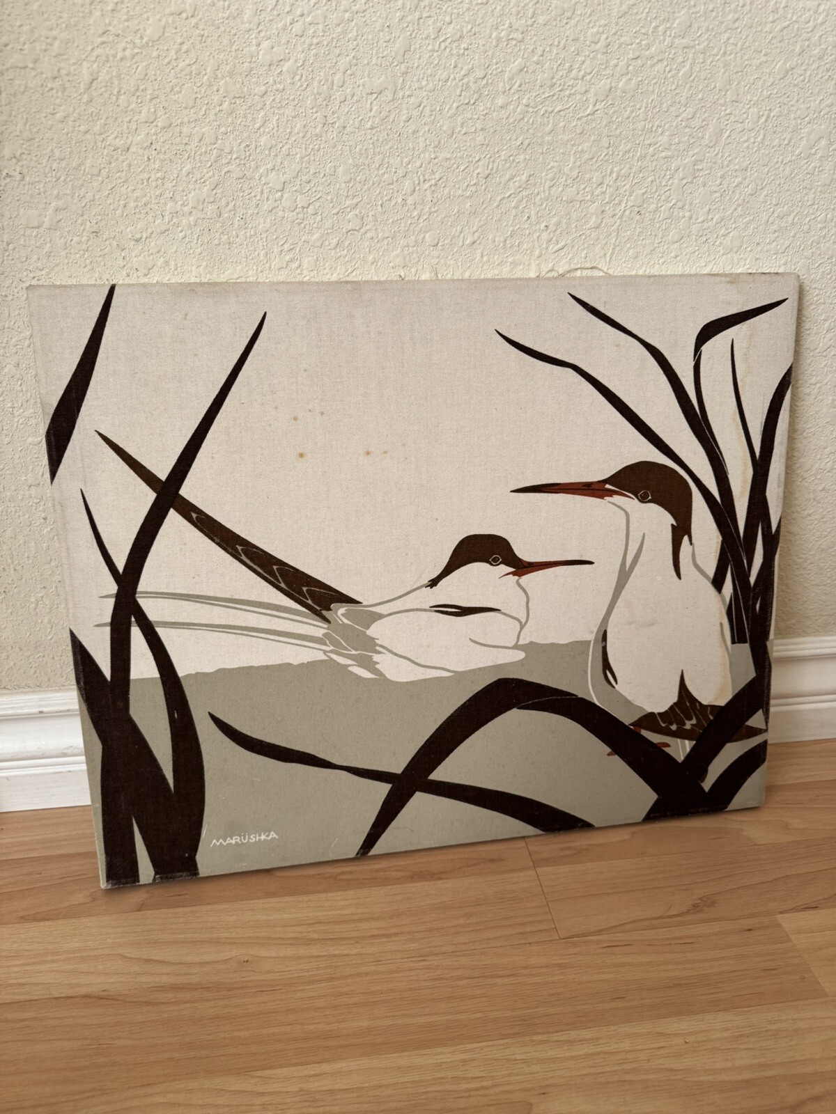 Vintage Marushka Birds Water Screen Print Wall Art Linen Neutral Beige AS IS