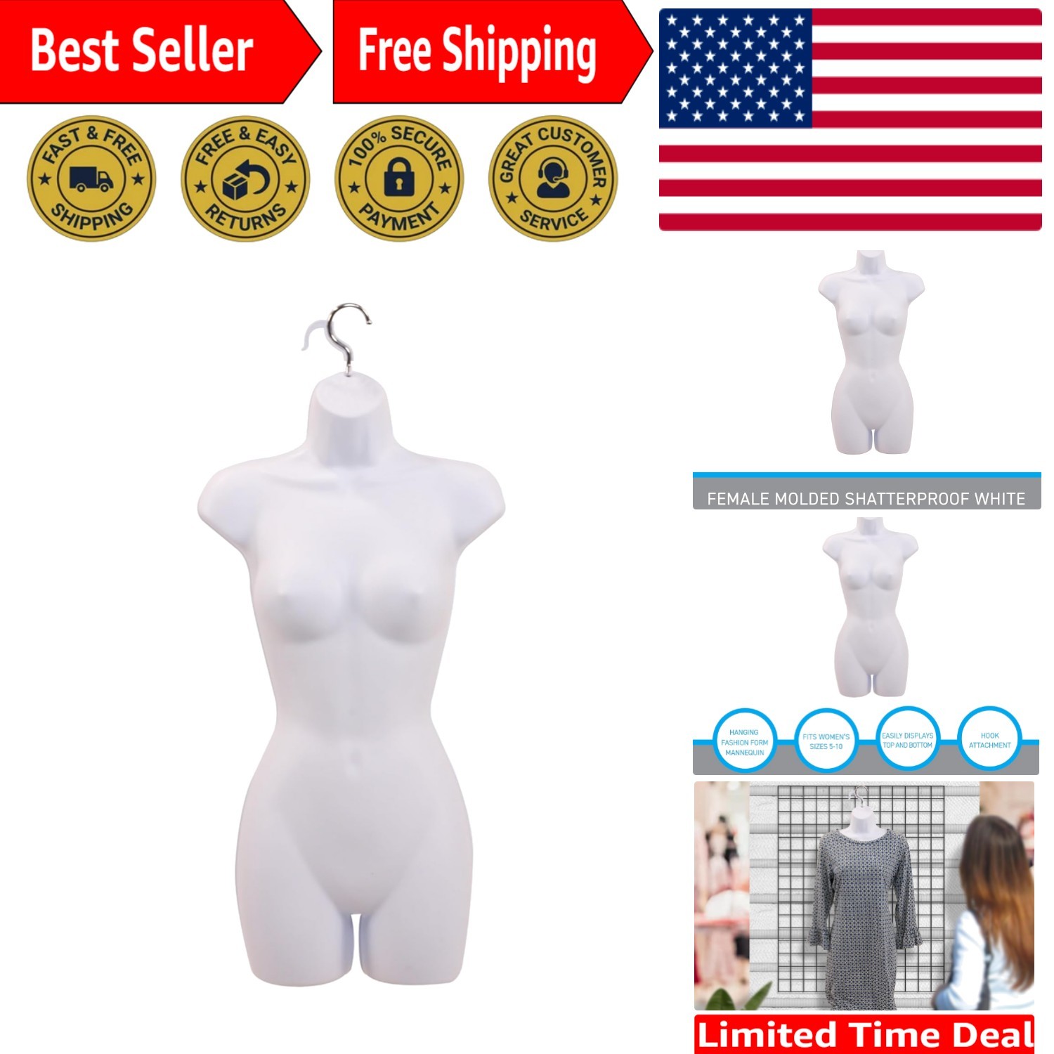 Space-Saving White Female Mannequin Torso - Perfect for Retail Displays