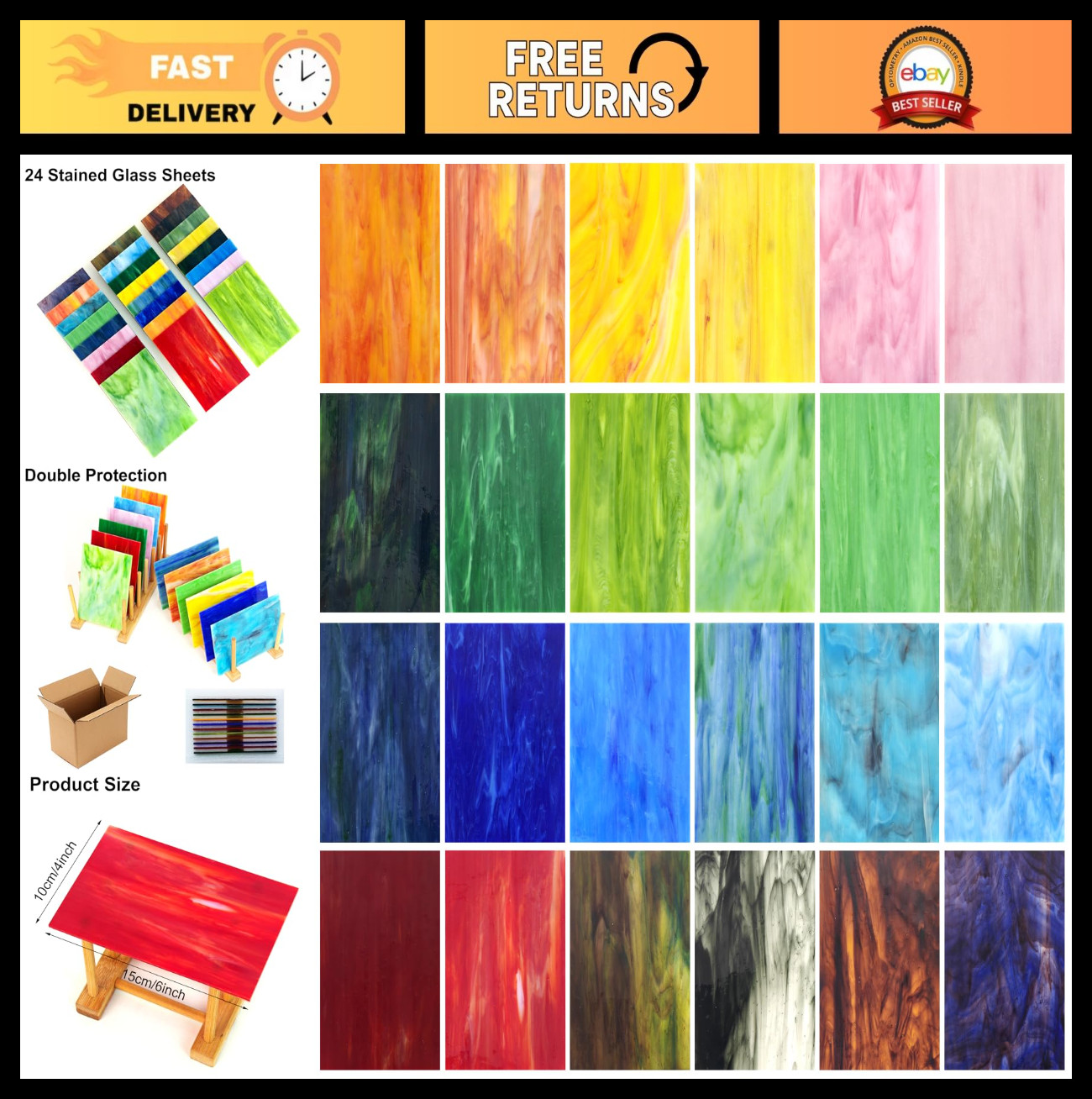 24 Pcs 4x6 Inch Stained Glass Sheets - Rainbow Craft Supplies for DIY Mosaic Art