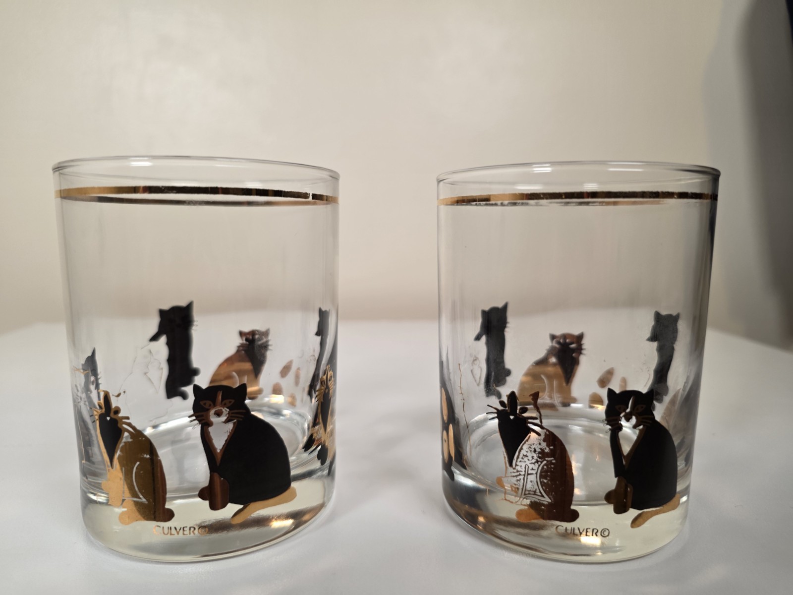 Vintage Culver Cats Lowball Glasses Pair Gold Black Mid Century Barware Set of 2
