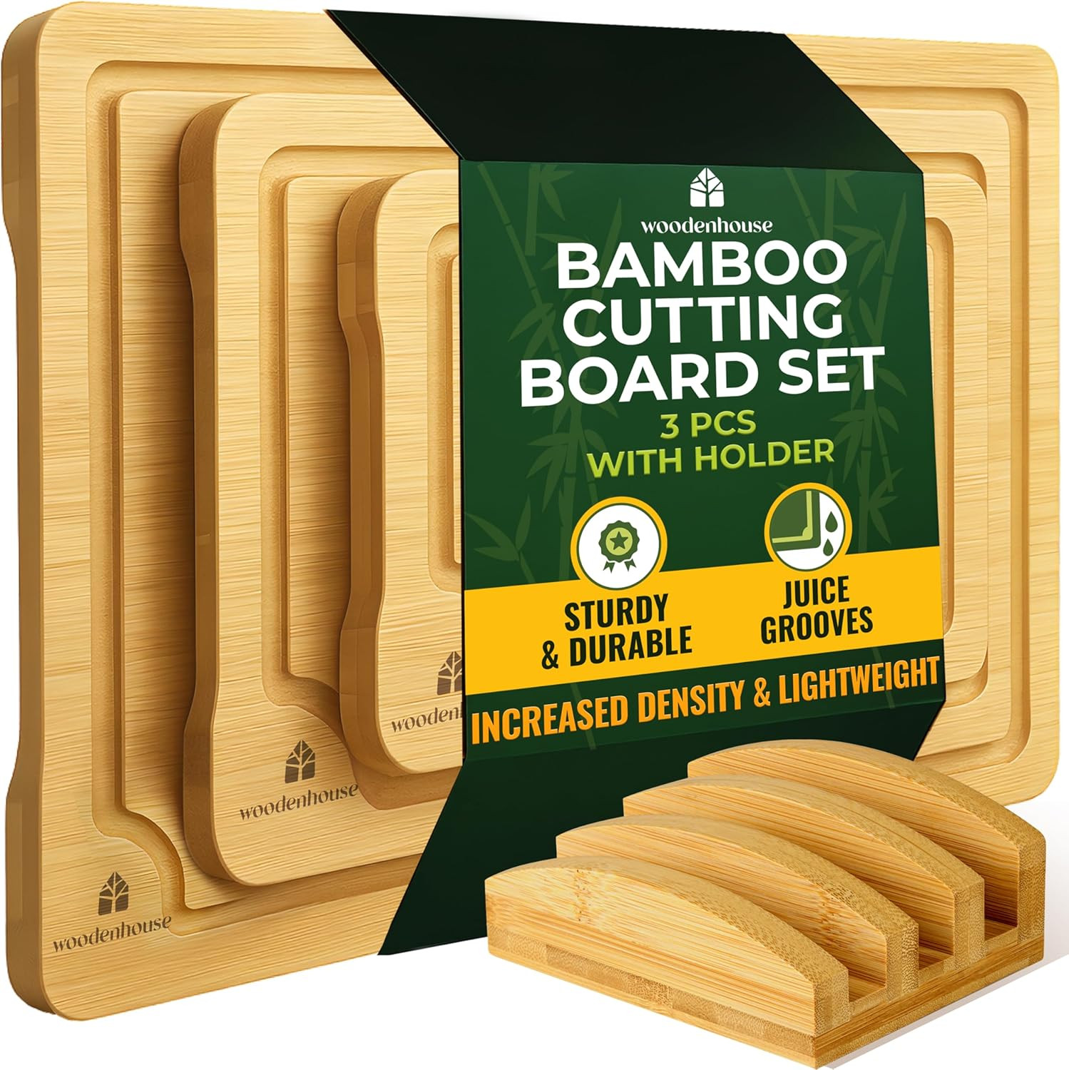 Bamboo Cutting Board Set of 3 with Holder – Durable Wooden Boards for Kitchen, C
