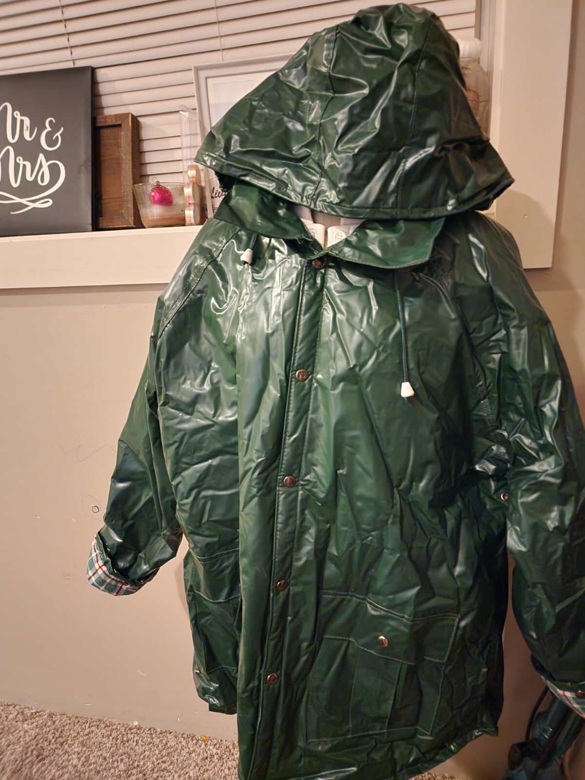 VTG Duck Bay Raincoat Blanket Lined Insulated Mens Green Hooded Jacket SZ XXL