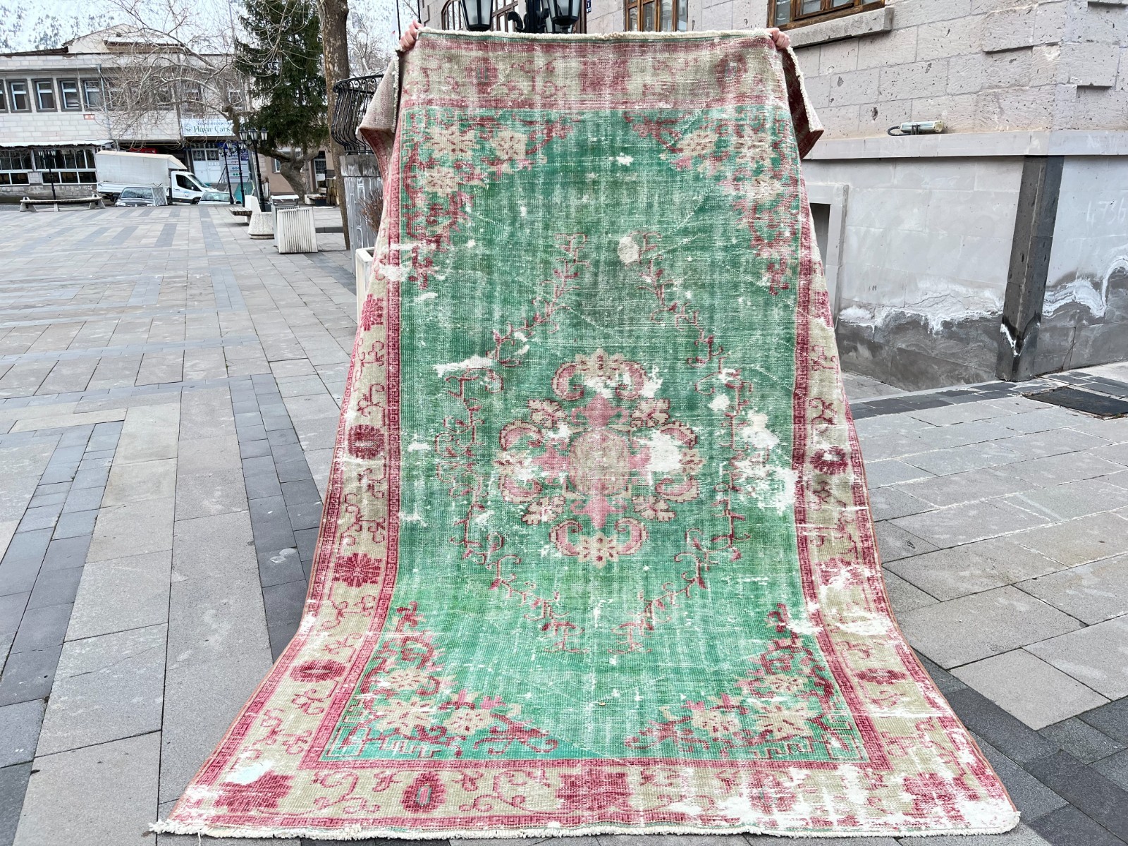 6.3x9.3 Ft Vintage Turkish Rug Green Pink Distressed Oushak 6x9