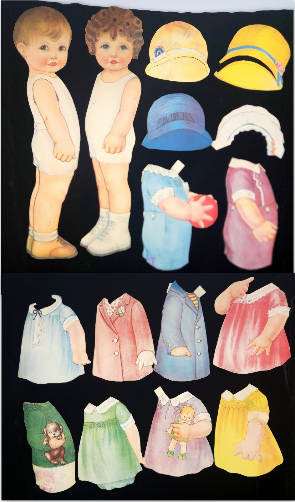 1920's Toddlers Cut XL 16" Paper Dolls with Clothing & Accessories - 9 Outfits