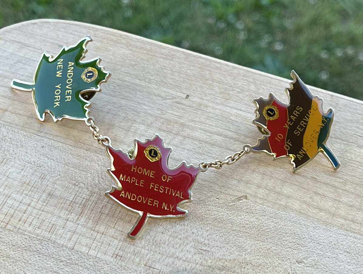 Lions Club Lapel Pin Andover New York Maple Leaf 10 Yrs of Service Chain Leaves