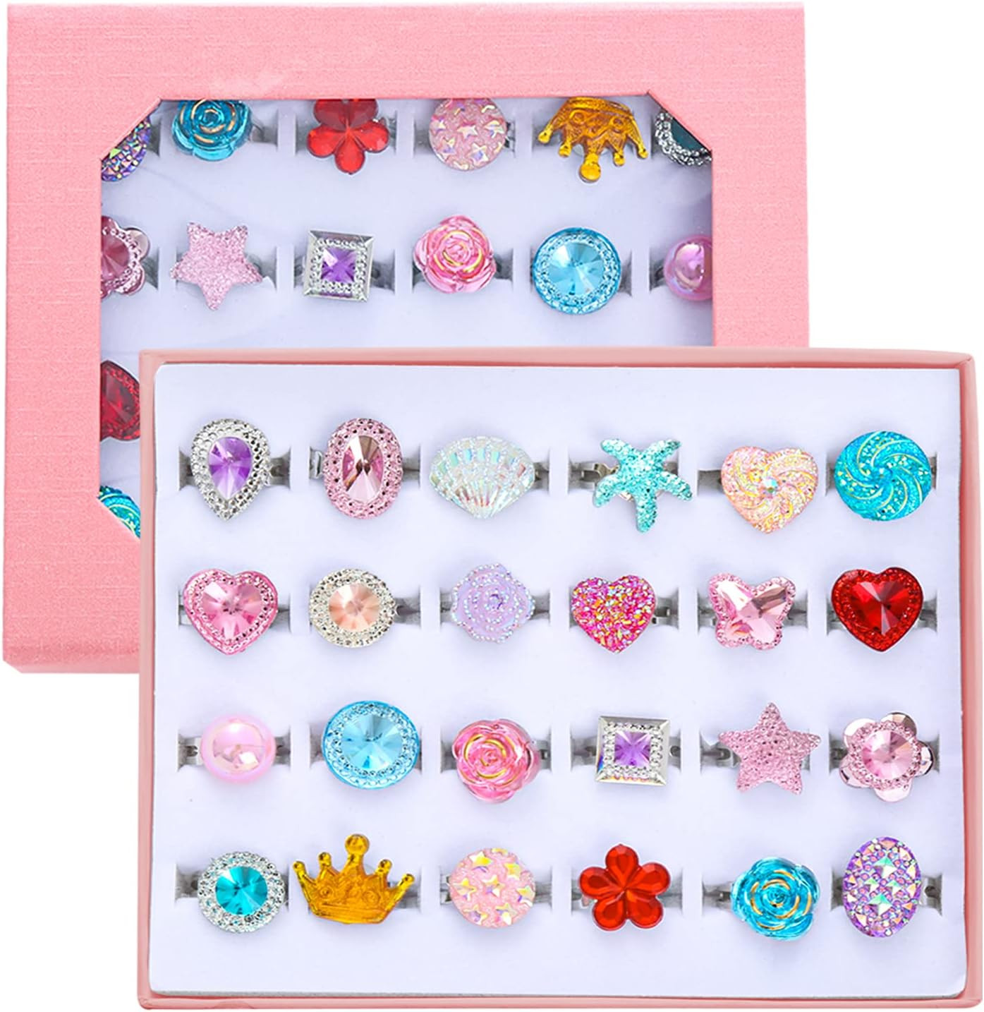 24pcs Little Girl Jewel Rings, Adjustable, No Duplication Kids Play Ring in Box,