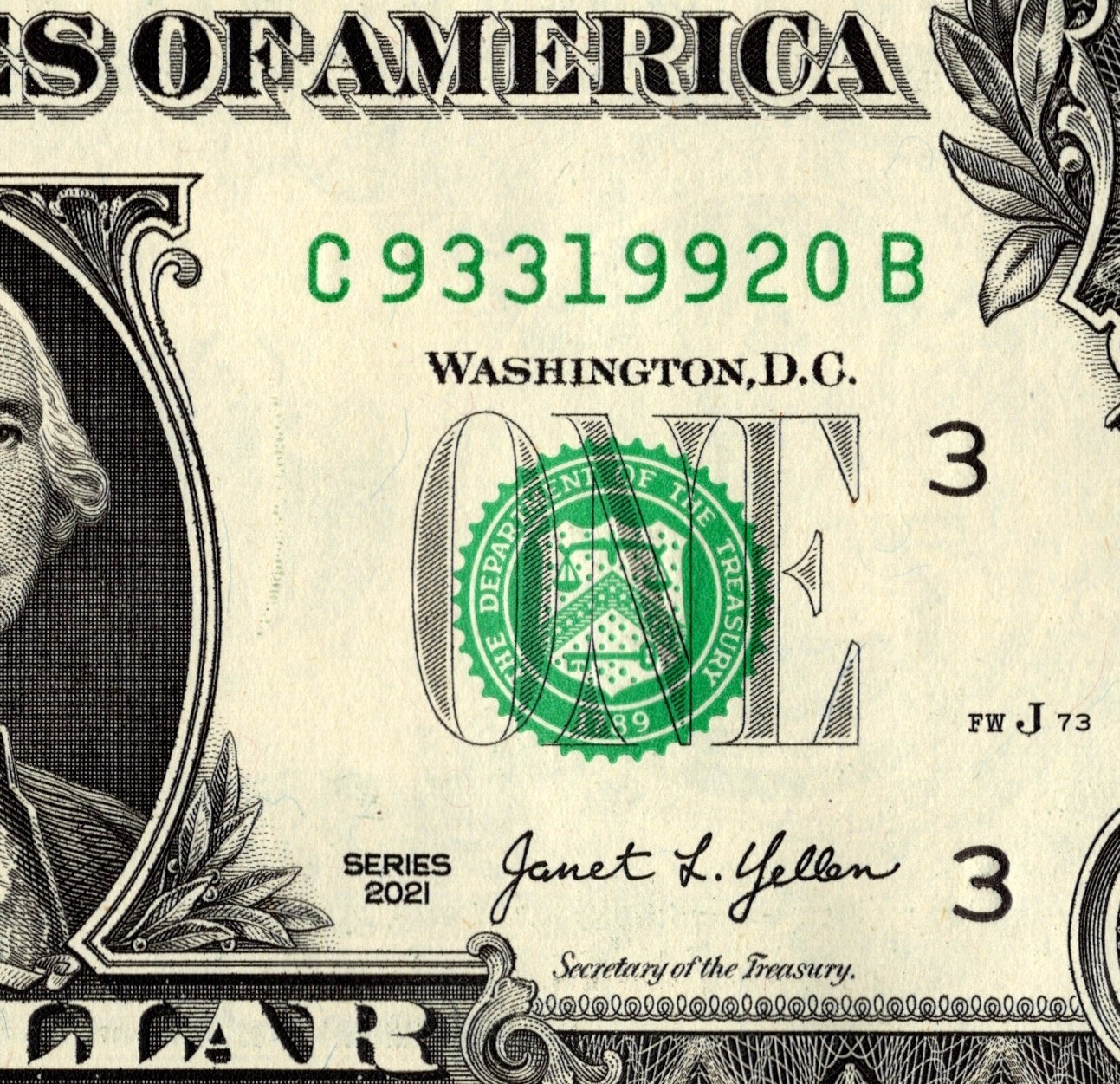 1992 Year note Fancy Serial Number One Dollar Bill C93319920B