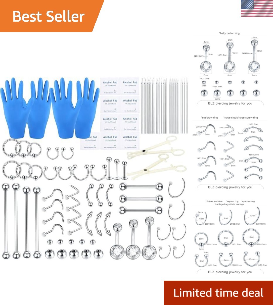 Piercing Kits Stainless Steel 20G 18G 16G 14G 12G Lip Nose Tongue Tragus Cart...