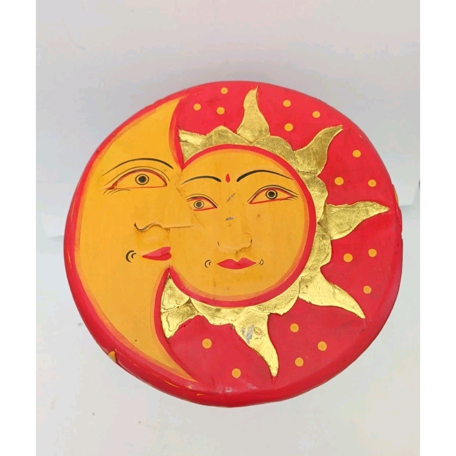 Milking Stool Celestial Folk Art Wooden Three Legged Sun Plant Stand Foot Rest