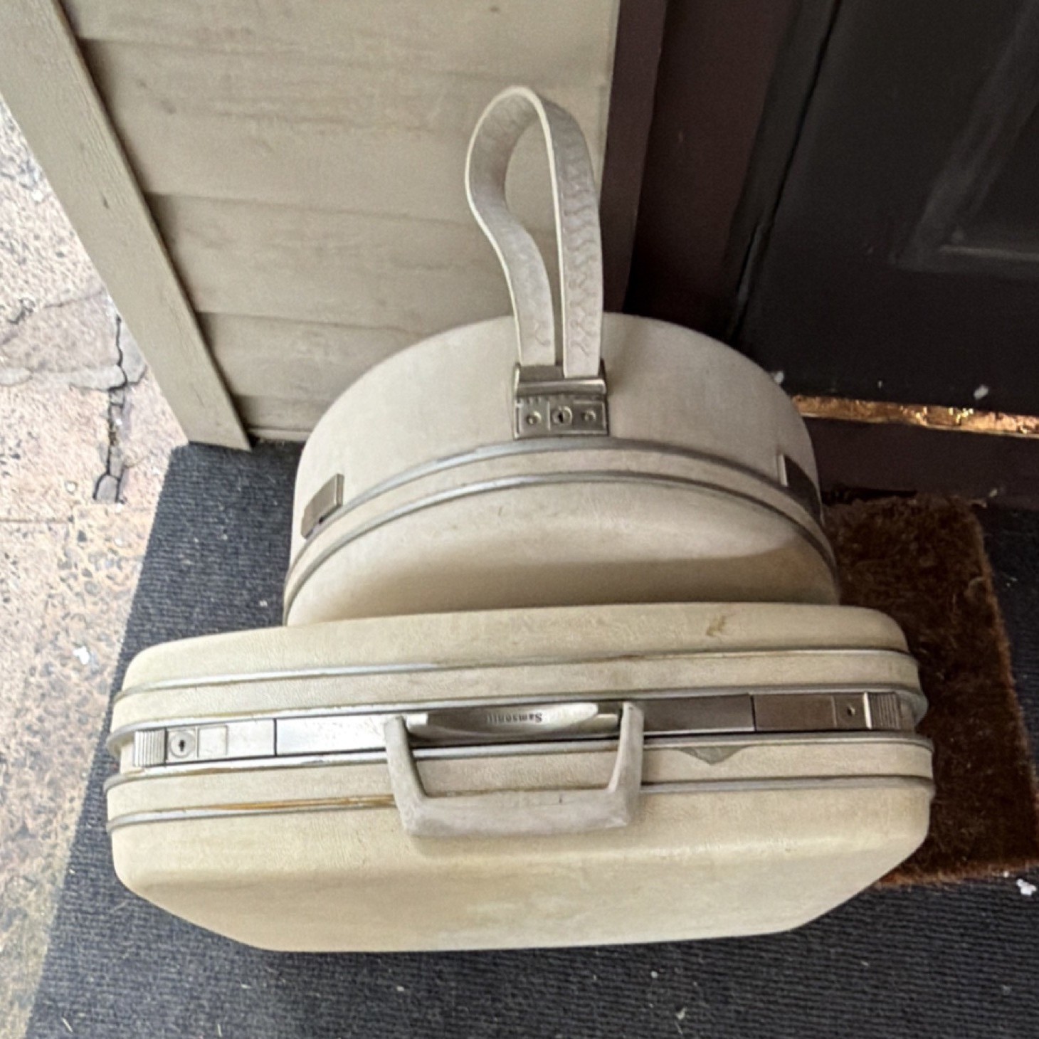 Vintage Hard Case Suitcase & Hat Box Set Beige Plastic 1960s Locking