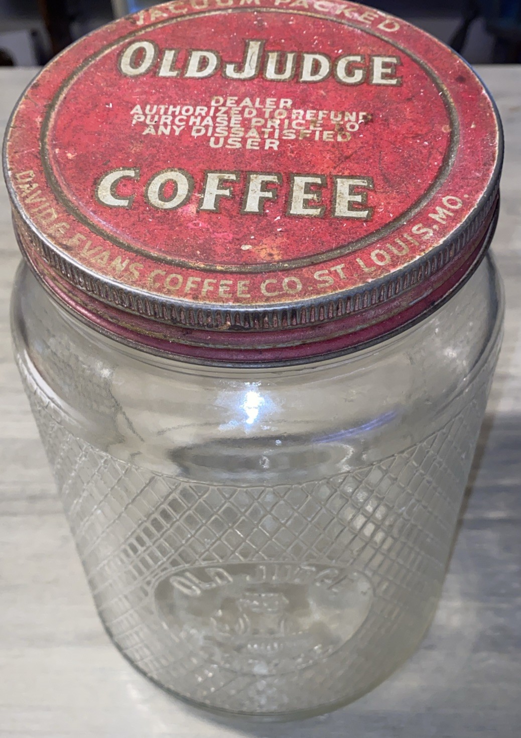 Vintage "OLD JUDGE " Large COFFEE Country Store GLASS JAR not Metal Can 6” X 9”