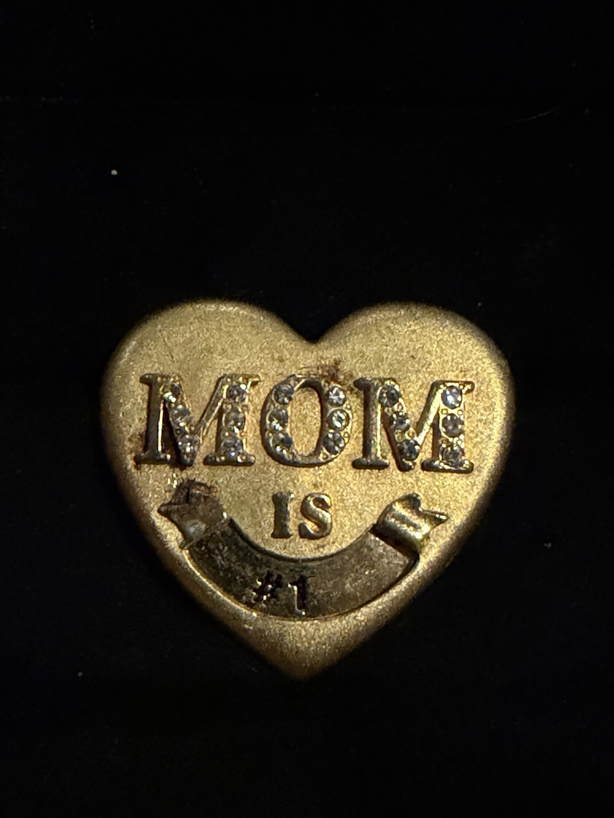Vintage Mom is # 1 Heart Shaped Brooch Pin Gold Tone Mother Love Rhinestone