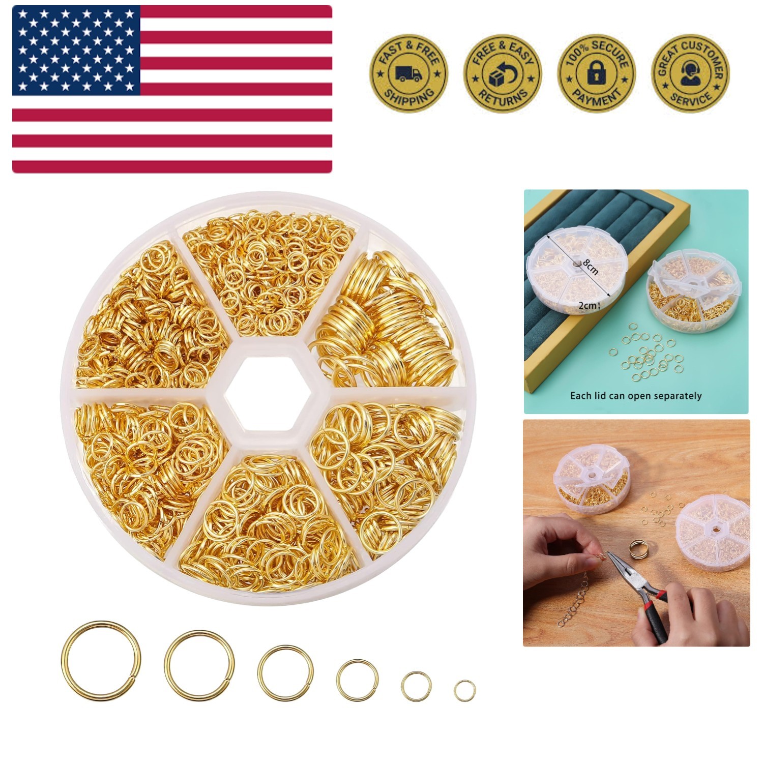 1600Pcs Open Jump Rings Gold Jump Rings Set Gold Plated Jump Rings for Jewelr...