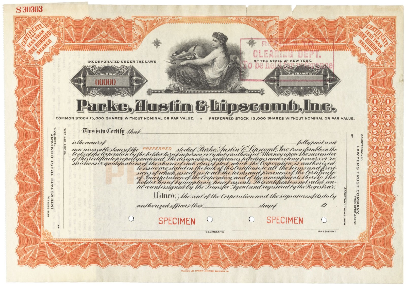 Parke, Austin & Lipscomb, Inc. Stock Certificate.