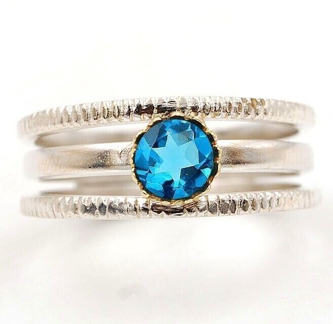 Natural Two Tone Flawless Blue Topaz 925 Sterling Silver Ring Sz 7.5