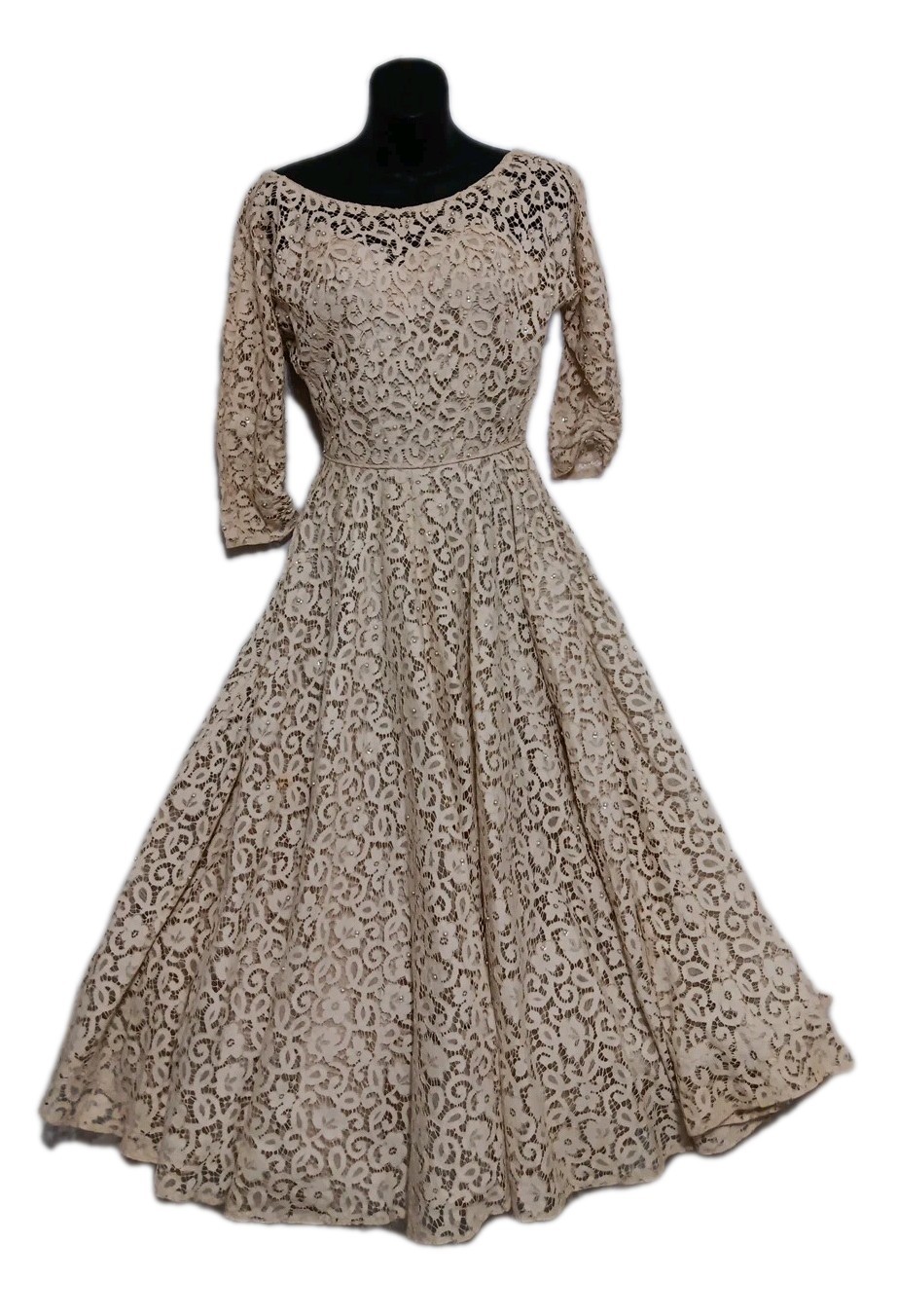 Vtg 50s Lace Beads Tulle Ivory Swing Dress Prom Bridal Party Full Skirt XS Small