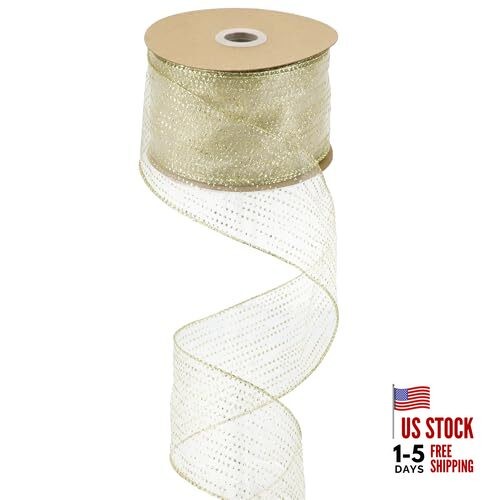  Glitter Gold Wired Ribbon 2.5 Inch Horizontal Stripes 2.5 inch Gold, Dots