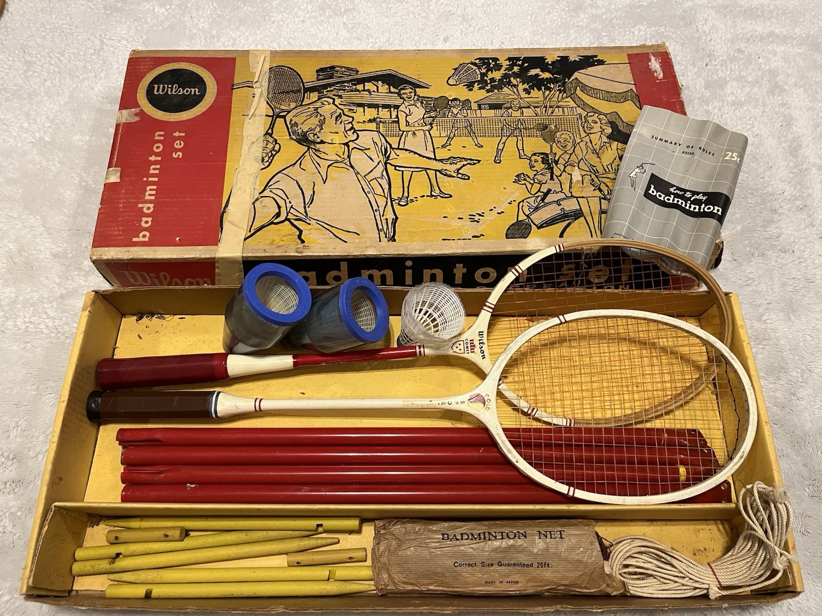 Vintage Wilson Badminton Set - 2 Wooden Rackets, Net, Box, Etc - Incomplete