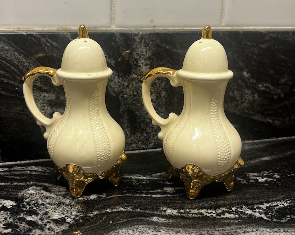  Vintage Floral Salt & Pepper Shakers White Ceramic Gold Trim Mid Century