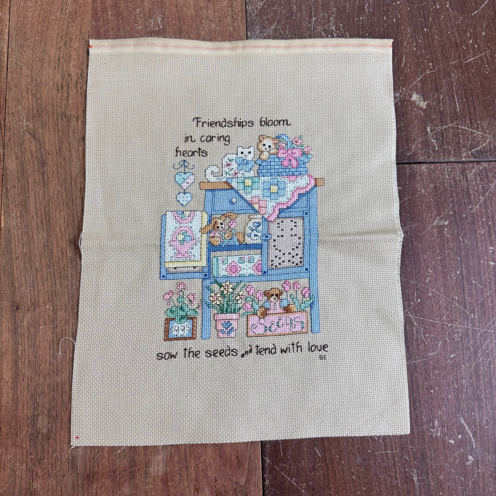 Vintage Cross Stitch Cats Friendships Bloom Quote COMPLETE ready to frame