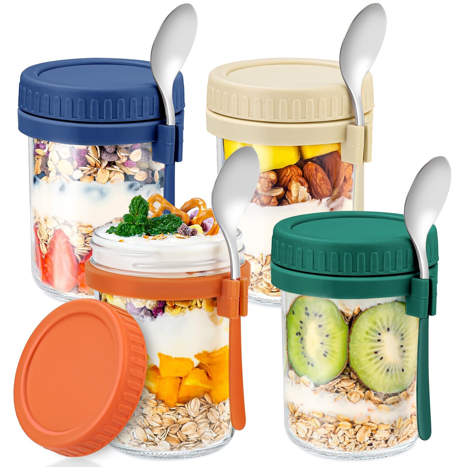 DRKIO 4 Pack Glass Overnight Oats Containers with Lids and Spoons 16 Oz Mason...