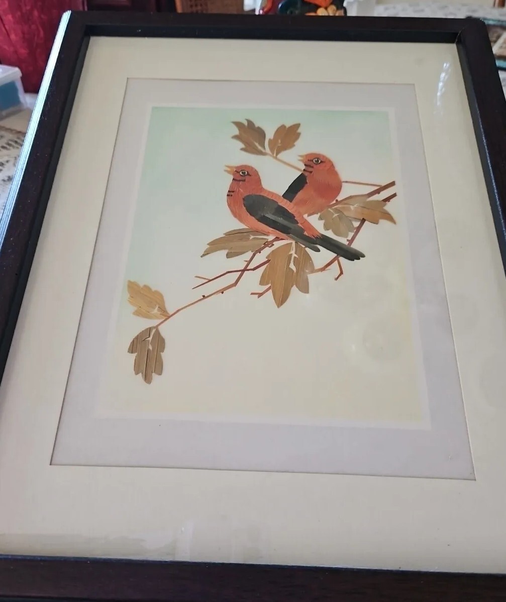 Vintage Asian Bamboo Birds & Branches Matted & Framed Picture 15" X 12.5" Wide