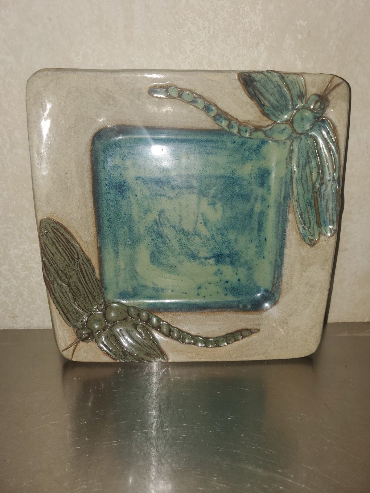 Stunning Handpainted Dragonfly Pottery Trinket Dish Green Blue Tan