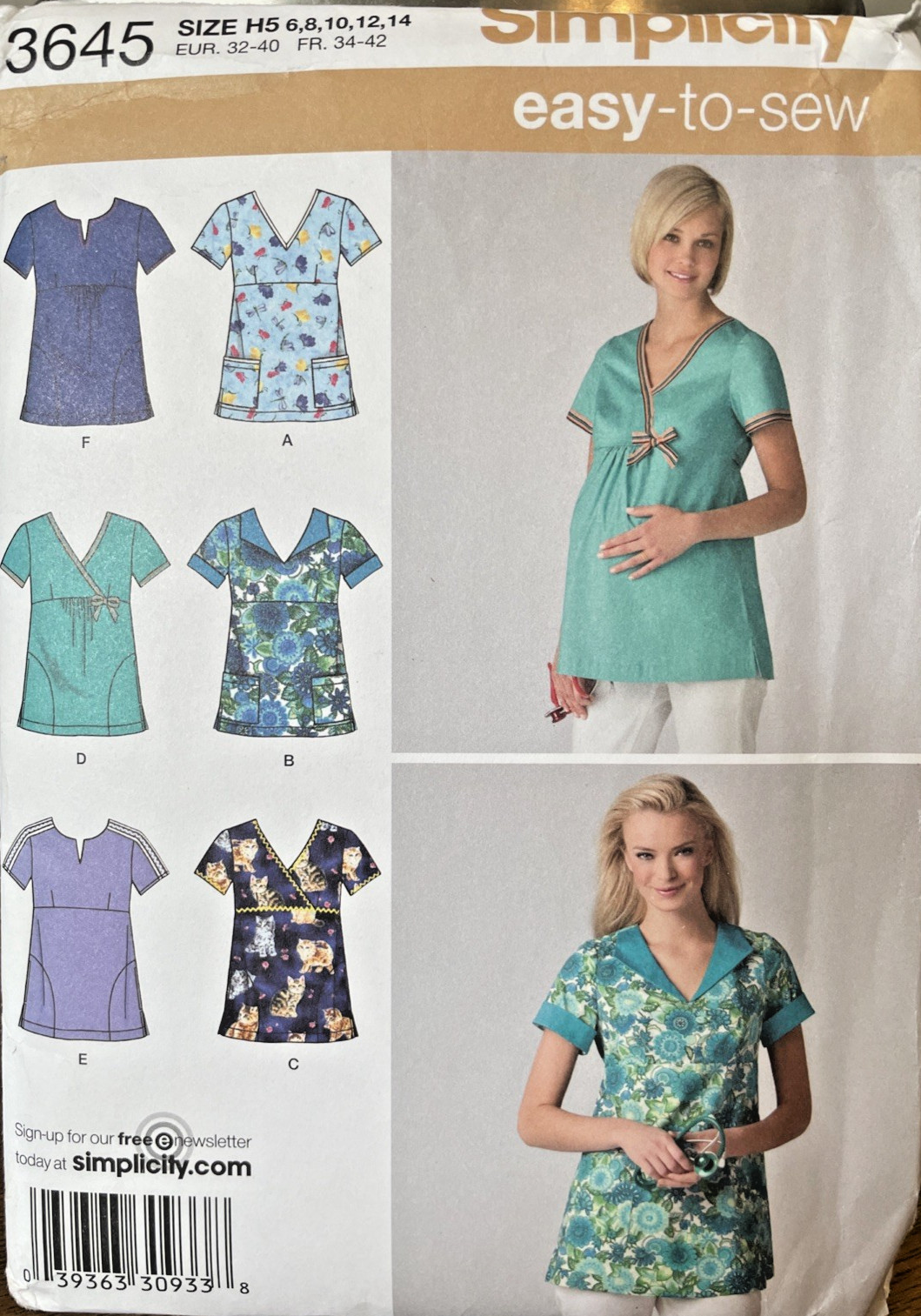 Sewing Pattern #3645 Easy to Sew Maternity Scrub Top Size 6-14 Factory Fold
