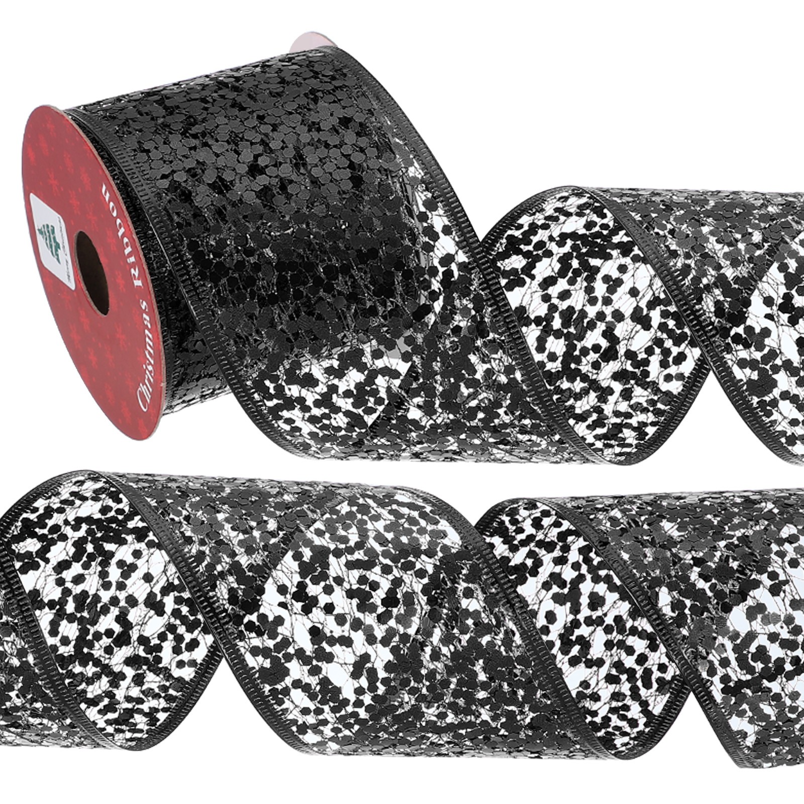 2.5"x 10Yards Glitters Yarn Ribbon Polyester Mesh Ribbon(Sequined Edge, Black)