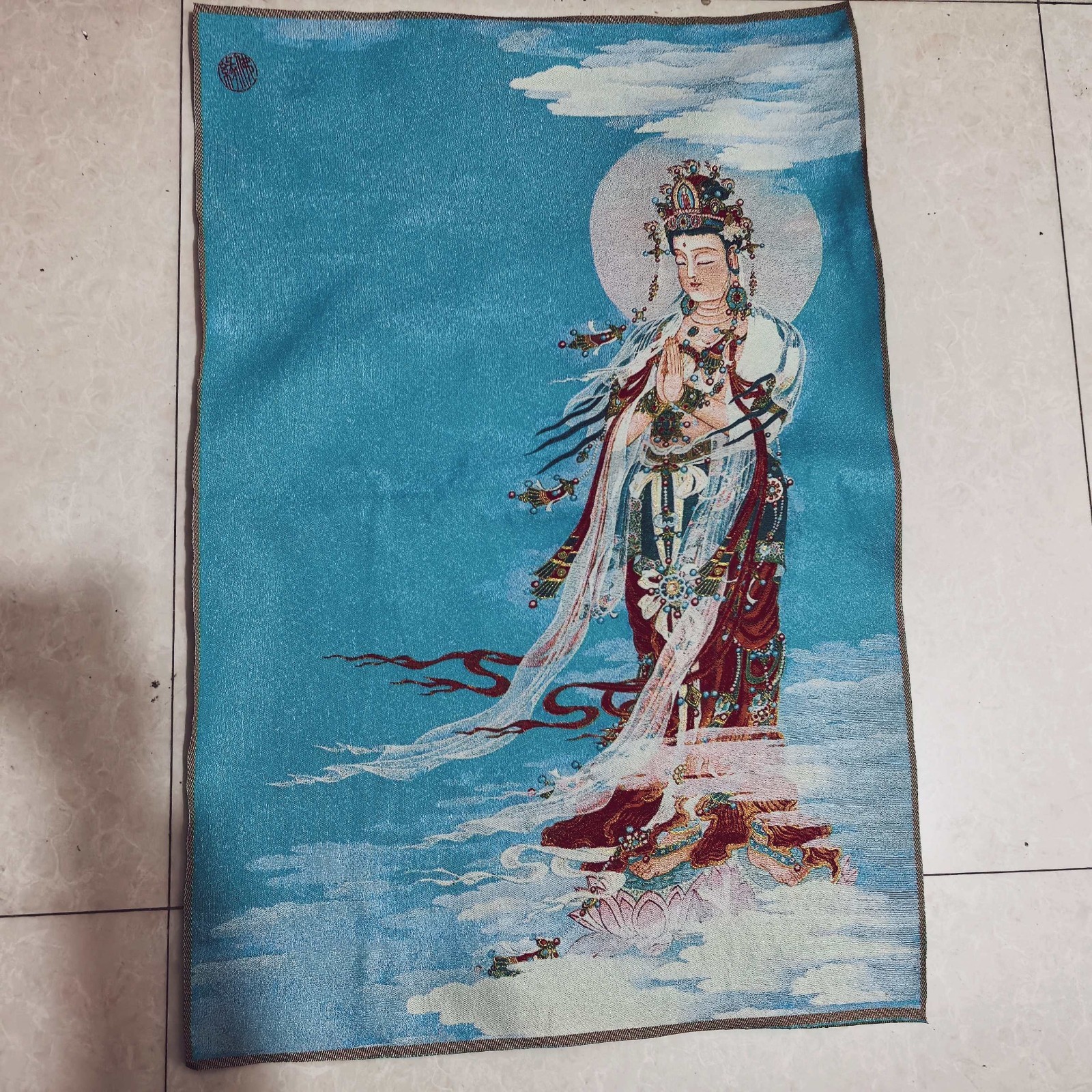China Old Brocade Embroidery Tangka,Nanhai Guanyin Buddha statue