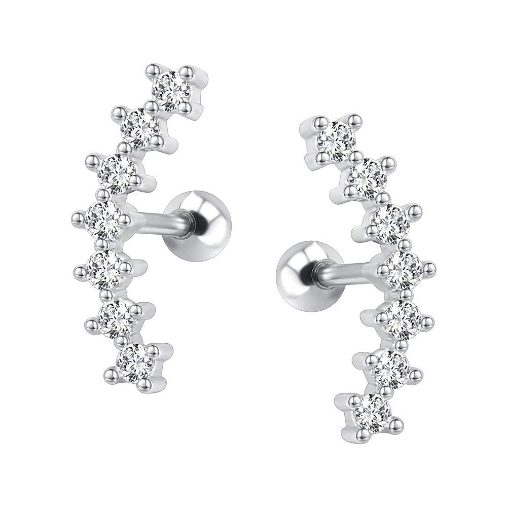 Curve Seven Stud CZ Stud Earrings 316L Stainless Steel Ear Helix Conch Cartil...