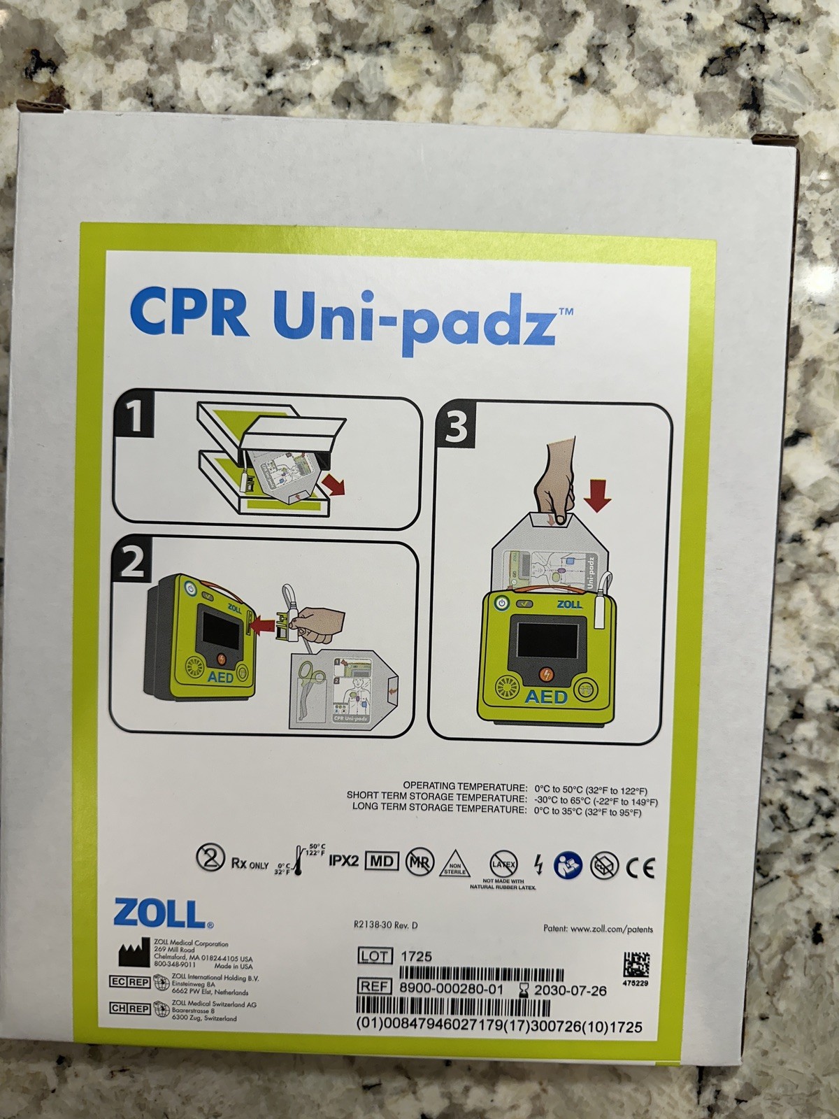 New Zoll CPR Uni-padz 8900-000280-01  Expire 07-26-2030