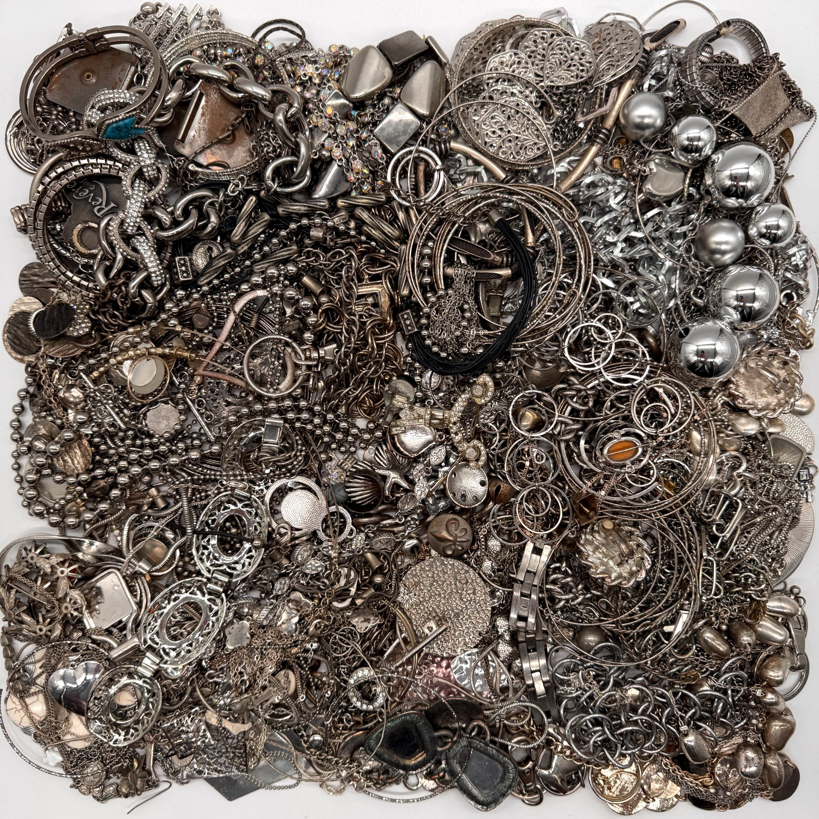 8.0 lbs Bulk  Jewelry Lot - Silver Tone - Mixed Necklaces Bracelets Charms +More