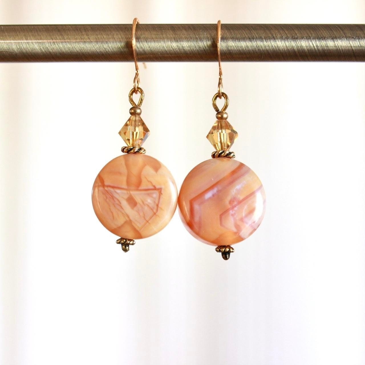 Handmade Peach Striped Agate Slice Beaded Dangle Earrings Boho Cottage Fairy