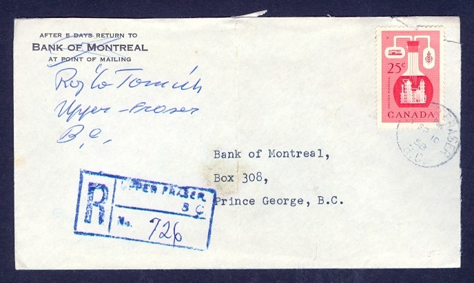 CANADA 25c PAPER INDUSTRY 1958 UPPER FRASER BC REG TO PR GEORGE