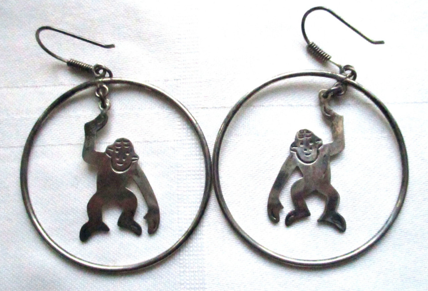 Taxco Mexico Dangling Monkey Hoop Earrings 925 Sterling Silver Vintage TM-96