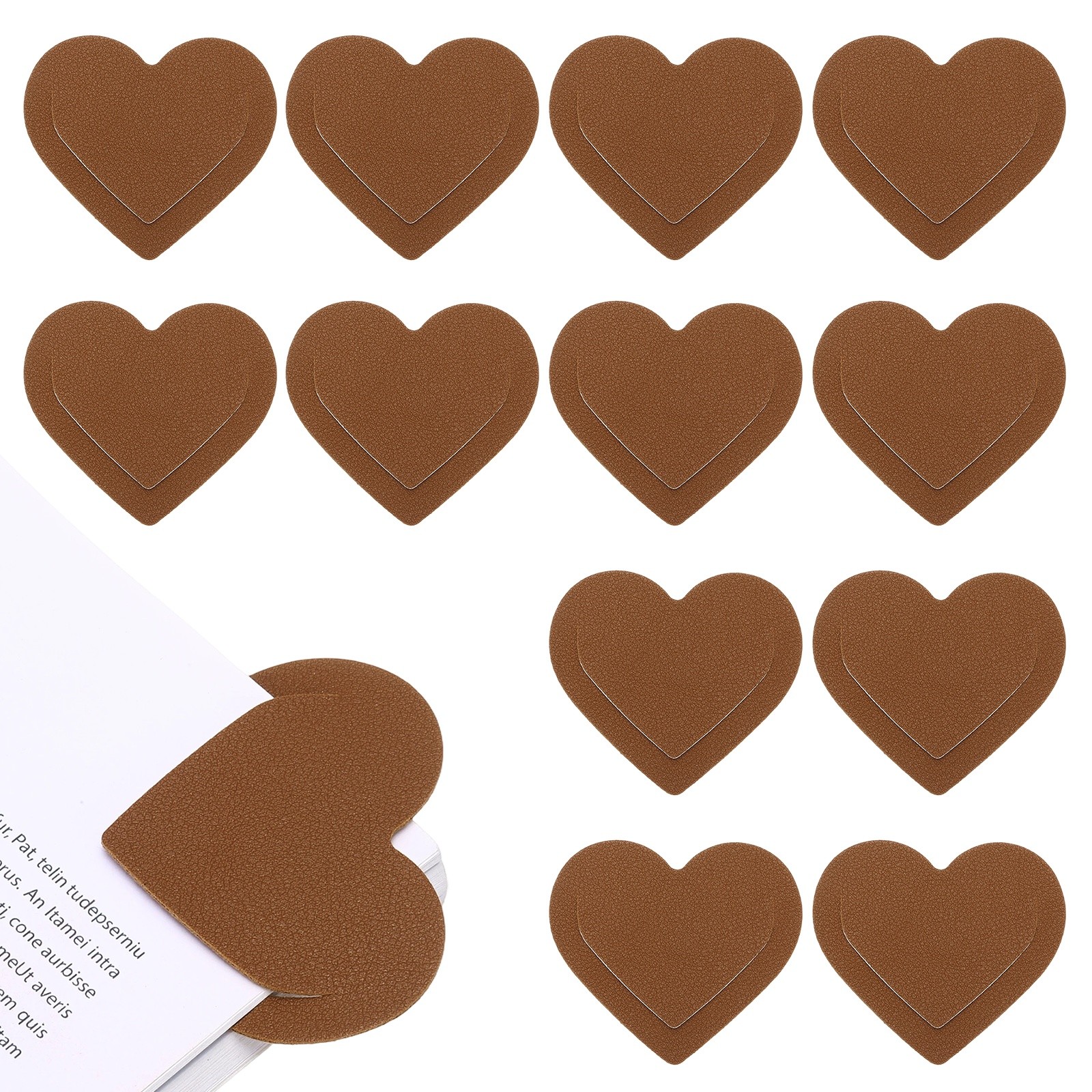 12Pcs Leather Heart Bookmarks, Cute Corner Bookmarks for Reader, Brown