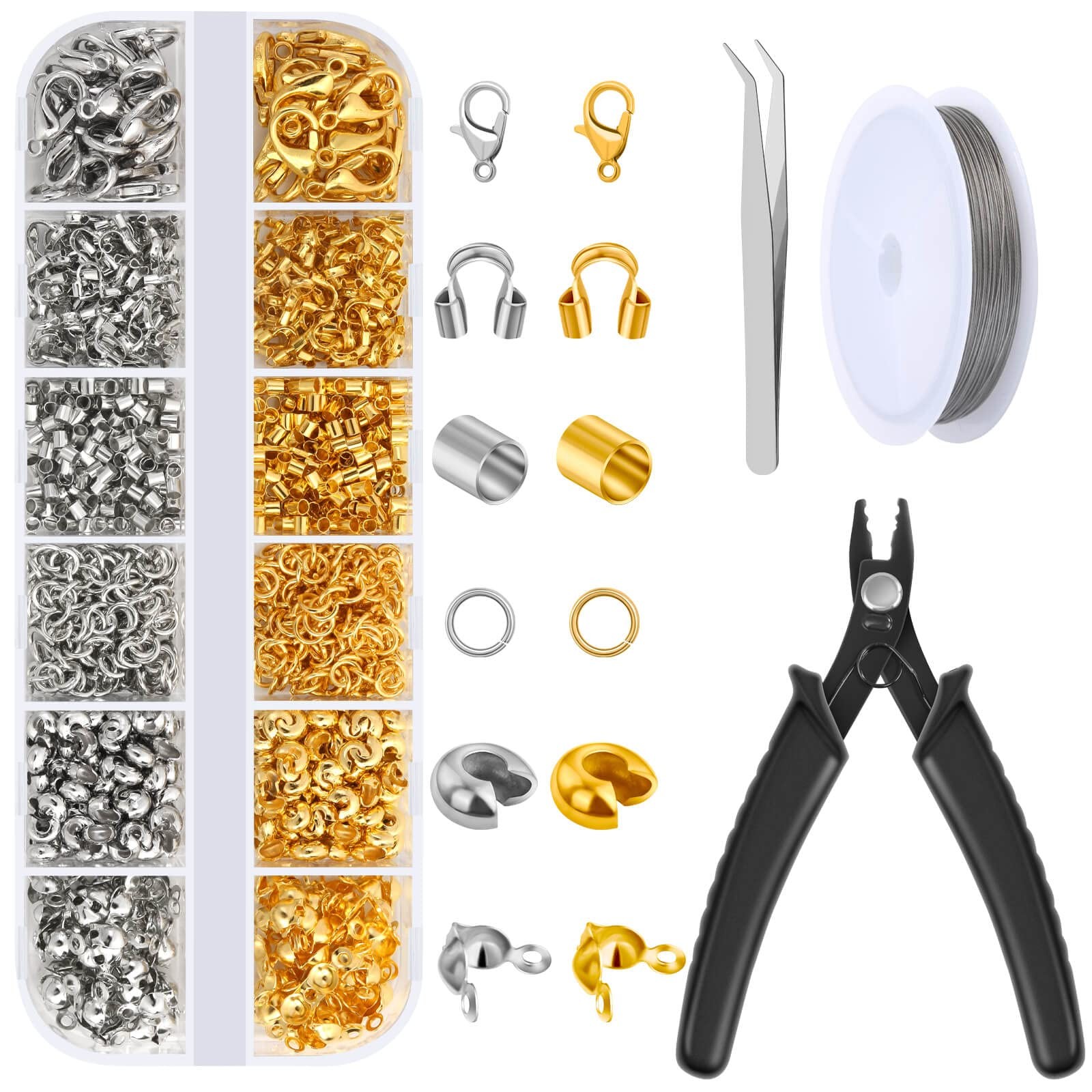 1200 Pcs Crimp Beads Kit for Jewelry Making, Acejoz Silver and Gold 