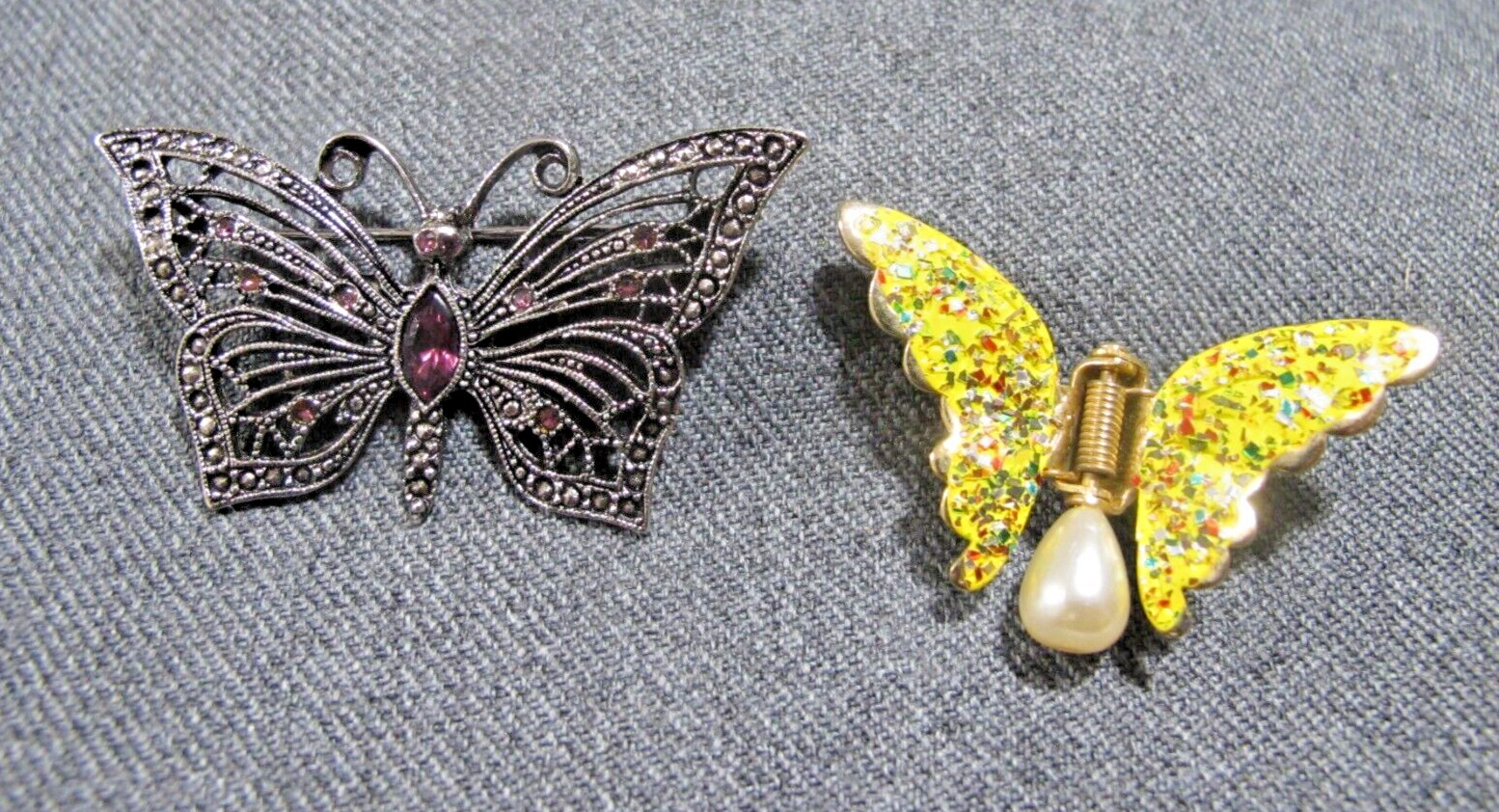 Vintage butterfly signed Lia purple crystals brooch + enamel spring clip