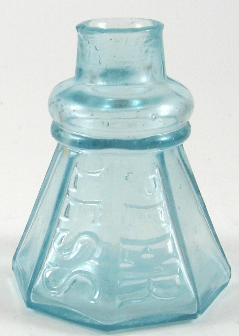 ANTIQUE 1890s AQUA BLUE GLASS PEERLESS MUCILAGE MEDICINE BOTTLE 3" 8-SIDED