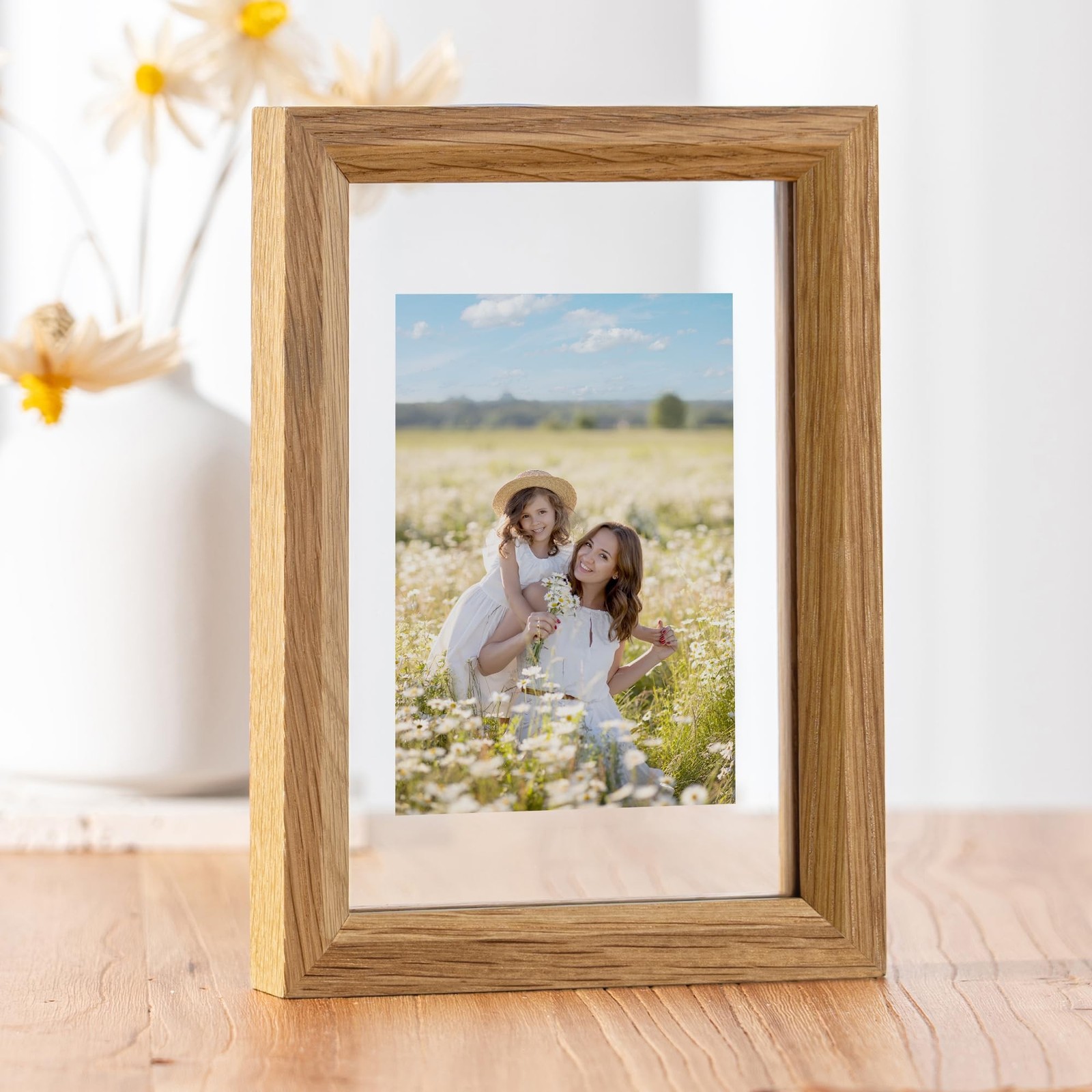 Axeman 4x6 Floating Picture Frame - Solid Oak Wood Picture Frame, Double Temp...