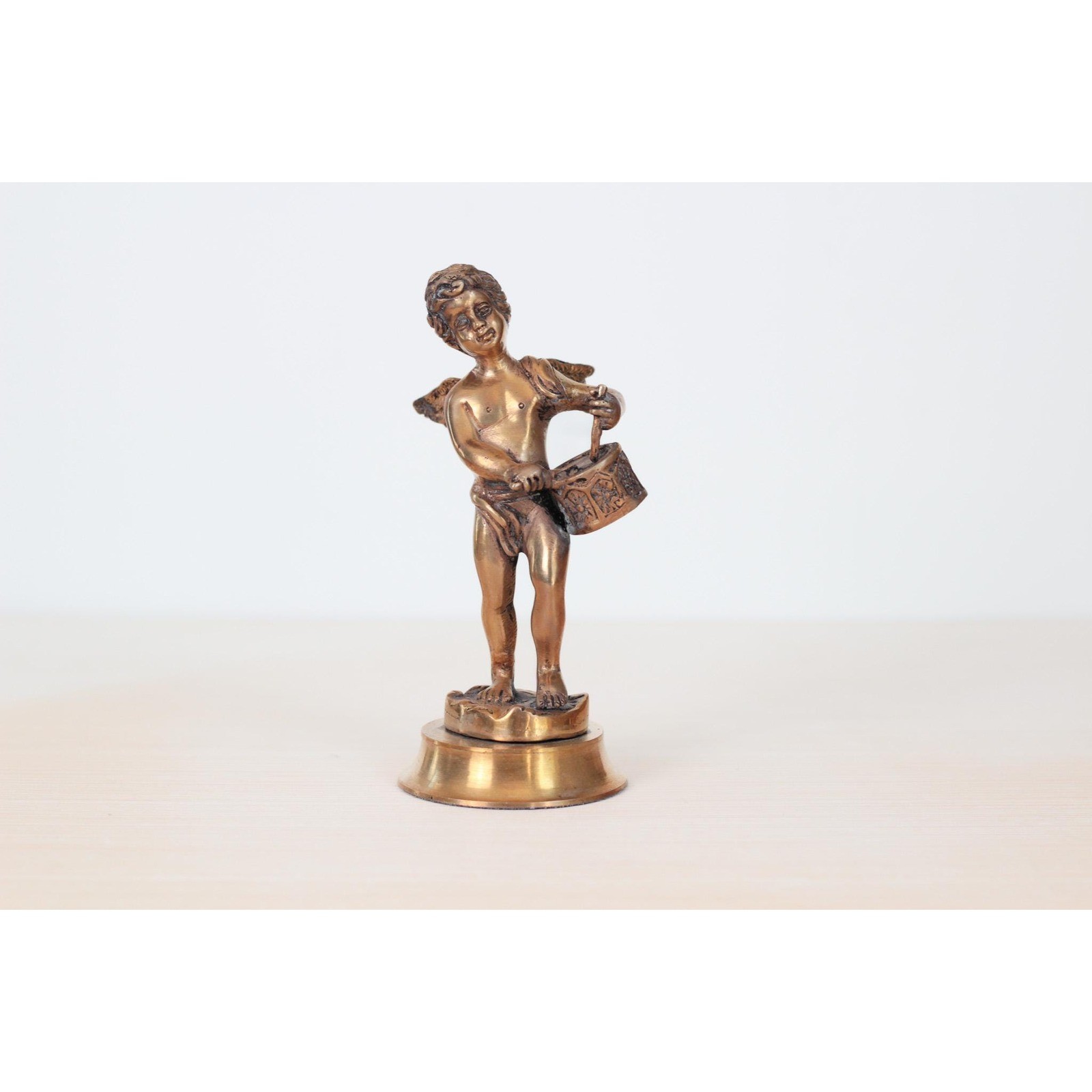 Vintage Solid Brass Angel Cherub Drummer Statue