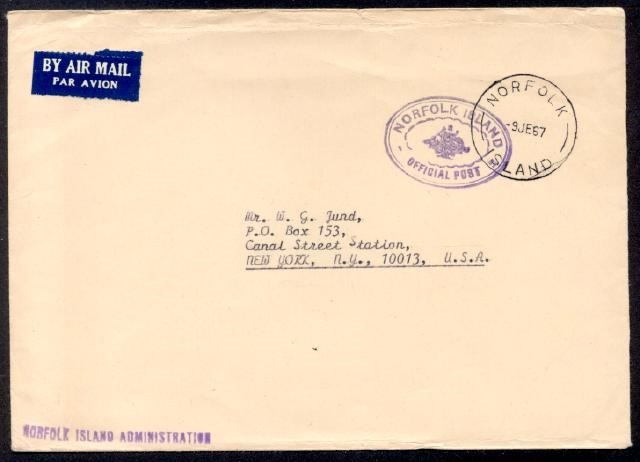 NORFOLK ISLANDS 1967 OFFICIAL POST TO USA