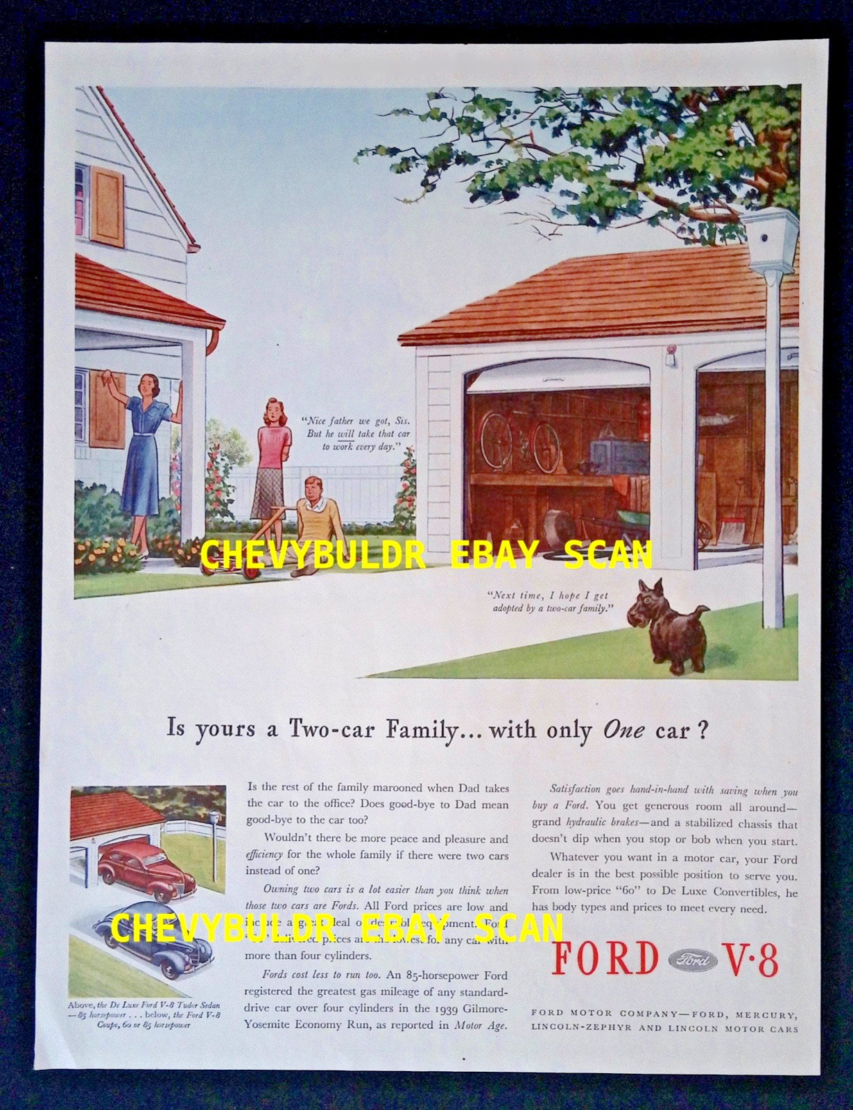1939 Ford Tudor Deluxe & V-8 Coupe Vintage Large Ad "Is Yours a Two-Car Family..