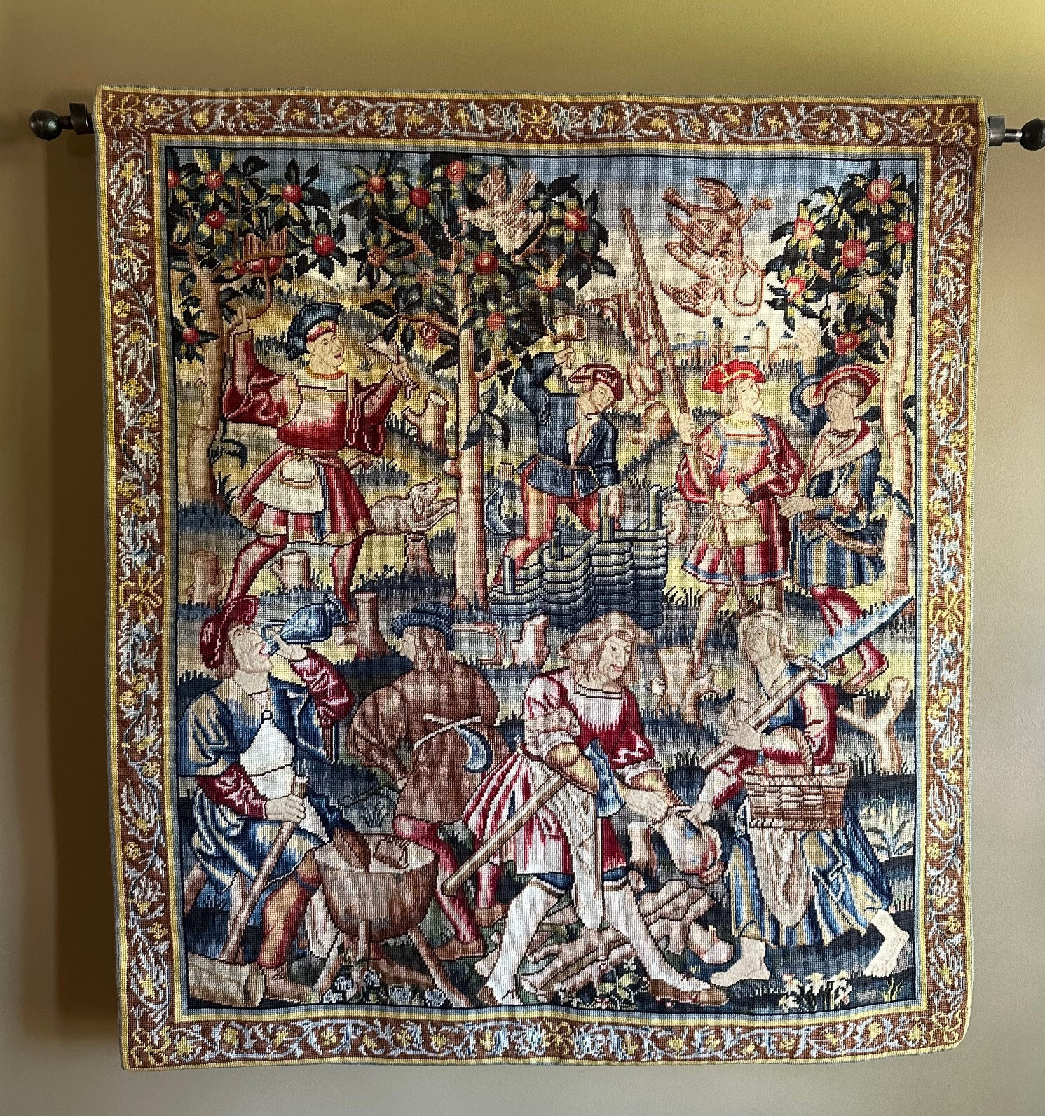 Vintage Wall Hanging Tapestry - French Medieval Woodcutters - 42" x 46"